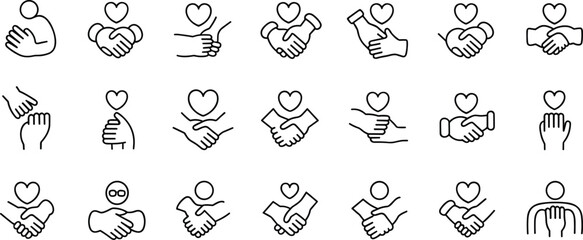 Handshake icons, love and care symbols, trust agreement, partnership line illustration, support heart icons, unity outline, collaboration vector, friendship design
