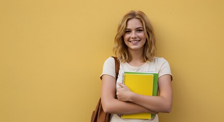 Young female student smiling and holding books against a yellow wall, ready for education
