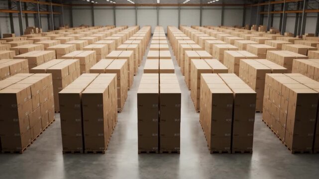 Spacious industrial warehouse interior with organized rows of stacked cardboard boxes ready for shipping and distribution