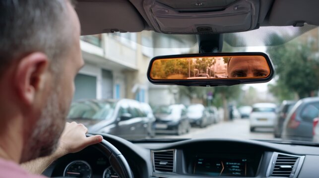 Focused Driver Adjusting Rearview Mirror in Modern Car Interior under Harsh Daylight, Motion Blur Effect, Medium Shot on White Background