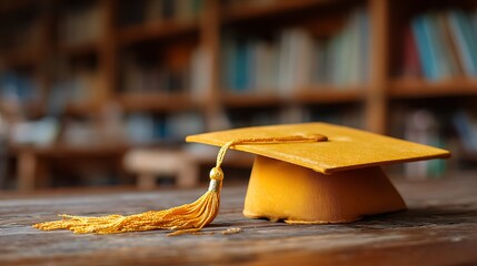 Graduation Cap with Tassel on Wooden Table in Library Setting