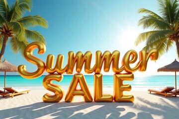 Obraz premium Summer sale banner.Golden balloons and text of summer sale on beach background. AI
