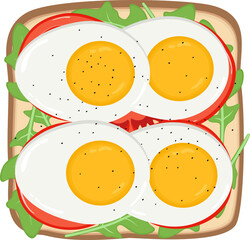 Toast with sliced boiled egg, tomato, and arugula