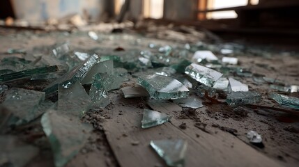 Broken Glass Shards Scattered on the Floor in Abandoned Building