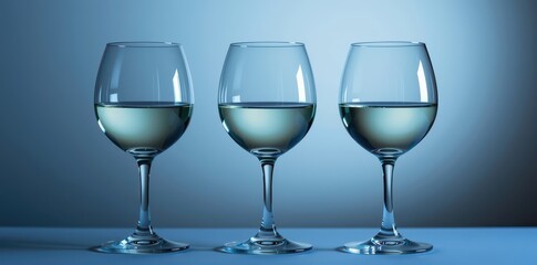 Three blue-tinted wine glasses filled with a clear liquid, elegant and minimalist still life, visual, simple, image