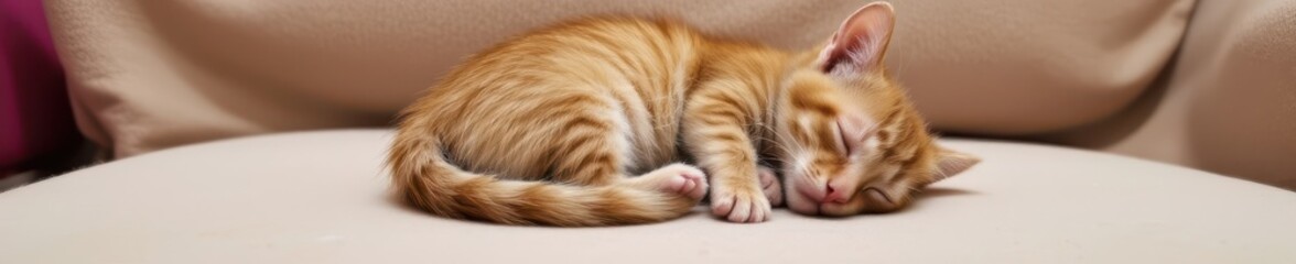 Tiny ginger kitten curled in a ball, paws tucked neatly, fast asleep on soft surface., orange kitten, domestic, sleeping kitten