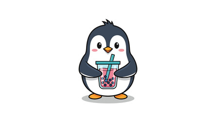 Fototapeta premium A delightful and charming cartoon penguin clutching a cup of bubble tea, showcasing a cute animal enjoying a popular beverage