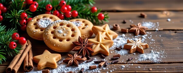 Warm Christmas background featuring assorted spiced cookies and aromatic cinnamon sticks, star anise, and cloves against a rustic wooden surface, spices, star anise