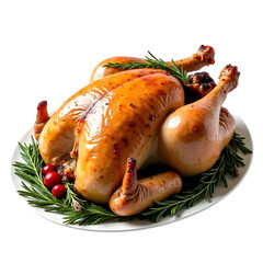 Whole roasted chicken with rosemary and cranberries isolated on transparent background