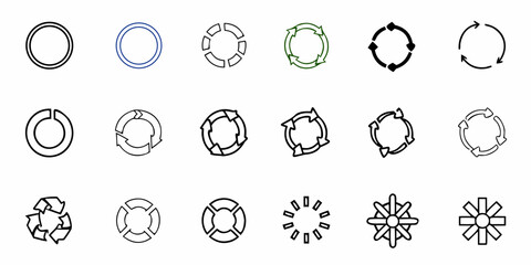 Illustration featuring a variety of circular arrows and recycle symbols in different orientations and designs