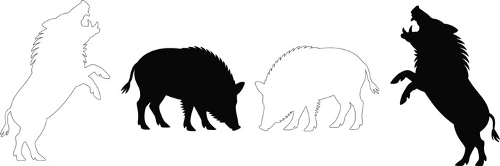 Wild boars black white silhouettes standing and walking animal. Boar, Wild, Pig.
