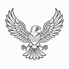 Fototapeta premium Majestic eagle with wings outstretched, a powerful and noble bird depicted in a detailed black and white line art illustration. Symbol of freedom and strength