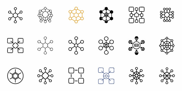 Illustration of fifteen abstract network connection diagrams in various styles and configurations