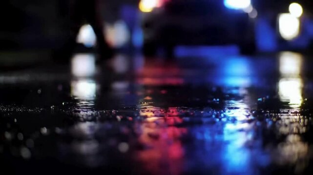 Slow motion police lights reflecting on wet asphalt at night, cinematic crime scene mood