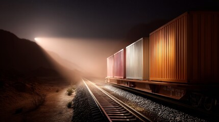 Fototapeta premium Industrial Freight Train Crossing Desert Sands Under Studio Lighting, Hi-Detail Composition