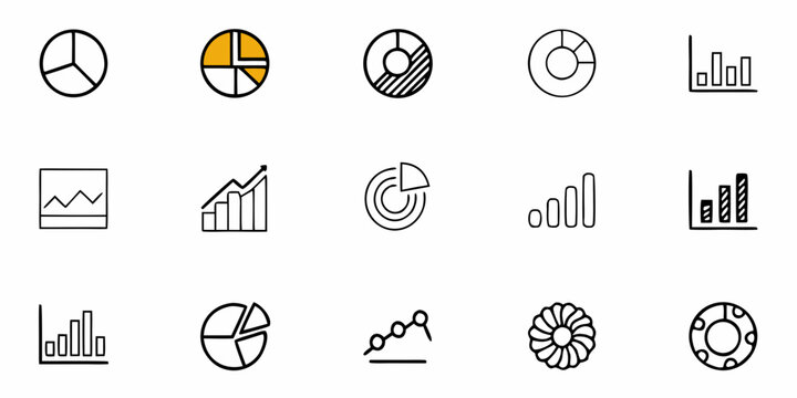 Illustration of various chart types including pie charts bar graphs and line graphs in black and white style