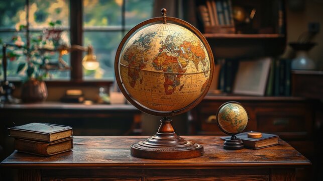 an antique globe on a wooden desk with detailed country borders and a soft.
