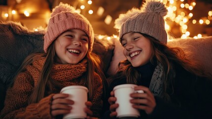 photography two girls with hot chocolate in hand on the couch chatting, cozy atmosphere warm lights, photographic friends chatting