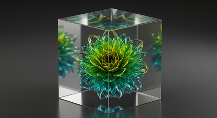 Stunning crystalline flower encased in clear cube, a modern botanical sculpture with vibrant colors