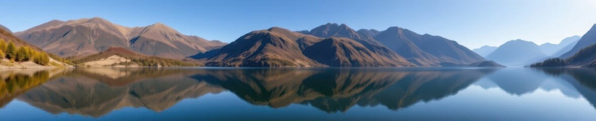 Fototapeta premium Serene Buttermere Lake, Cumbria, reflecting the surrounding fells under a clear sky. Misty mountains, calm water, idyllic scenery, mountains, water