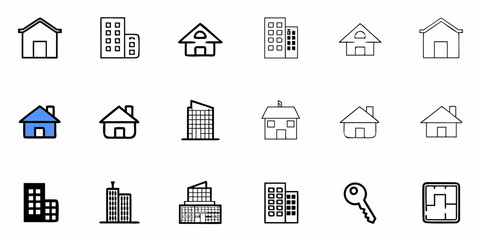 Collection of various house and building icons with a key and a floor plan design element icon