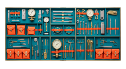 Teal surgical instruments displayed in organized box