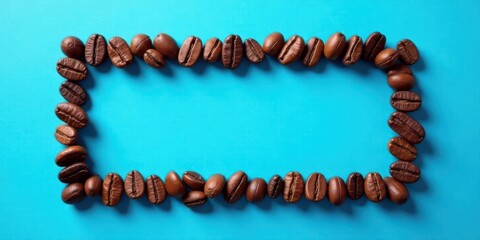 Obraz premium A vibrant rectangle composed of aromatic coffee beans, arranged meticulously against a bright blue backdrop, creates a captivating visual border.