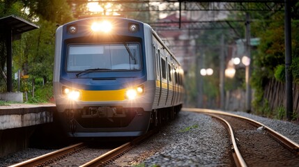 Fototapeta premium Evening Arrival: Electric Commuter Train at Suburban Station with Warm Studio Lighting, Bokeh Effect, and Depth Composition
