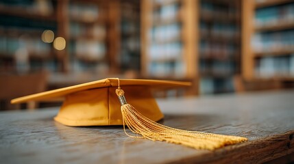 Yellow Graduation Cap Sitting on Wooden Table in Library Setting