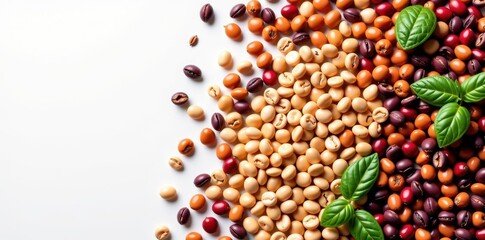 Fototapeta premium A vibrant mix of soybeans, lentils, and beans against a clean white background, natural, studio shot, pulses