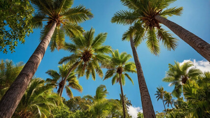 Tall Palm Trees Against Clear Blue Sky in Tropical Sunlight