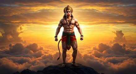 Lord hanuman, the divine monkey god, stands heroically against a dramatic sunset sky filled with clouds