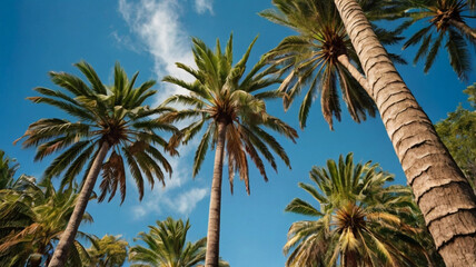 Tall Palm Trees Against Clear Blue Sky in Tropical Sunlight