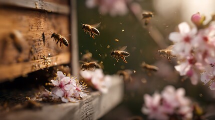 Honeybees Flying Around Beehive with Pink Flowers in Springtime Sunlight
