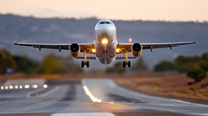 Morning Departure: Close-Up of Commercial Airplane Taking Off with Dramatic Morning Light