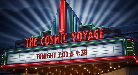The cosmic voyage theater marquee shines brightly at night, evoking a sense of nostalgia and excitement for the upcoming show, with its vintage design and vibrant colors