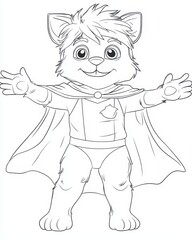 Fototapeta premium Superhero animal team coloring book illustration, featuring a brave cat in a cape, a flying dog, and a rabbit with super speed, all protecting a cartoon city, 