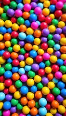 Obraz premium Vibrant, multicolored balls create a dynamic, abstract background texture. Scattered spheres in various sizes and shades fill the frame, offering a playful, energetic feel. design project colorful