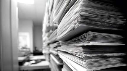 Stack of Papers in Black and White Showing Overload and Bureaucracy