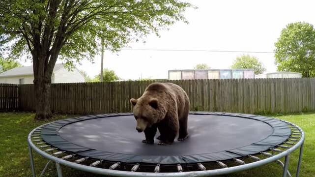 A surreal and humorous photo captures the unexpected sight of a large wild brown grizzly bear standing awkwardly on a trampoline in a typical suburban backyard