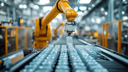 Smart eco-brick production robot repurposing plastic waste into modular building materials visualized in a clean recycling factory interface