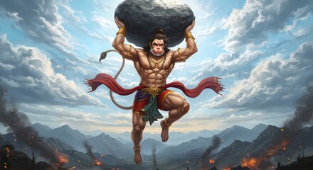 Lord hanuman, the hindu deity, powerfully flying through the sky carrying a large mountain rock