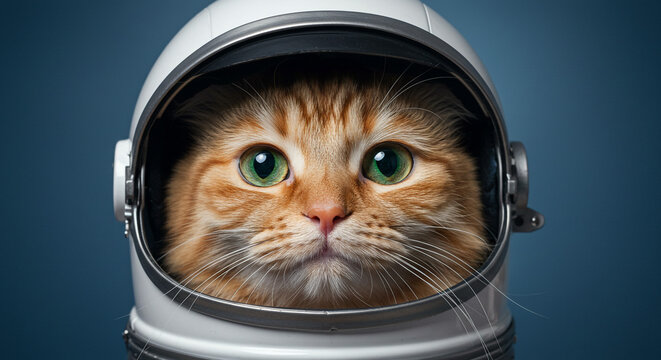 Whimsical ginger cat explorer dons astronaut helmet, ready for cosmic adventures with wide green eyes