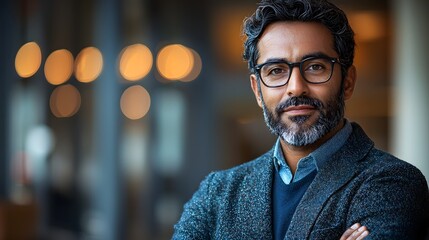 Obraz premium A confident professional man in an office setting long title A well dressed bearded man in a corporate office setting looking focused and thoughtful