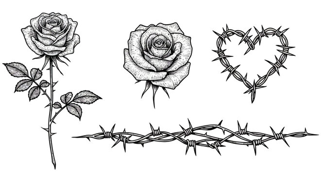 Intricate rose and barbed wire designs with heart motif