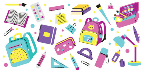 School set elements: stationery, notebooks, pencils, backpacks in flat cartoon style. Perfect for banners, social media, and promotional materials.vector flat cartoon illustration