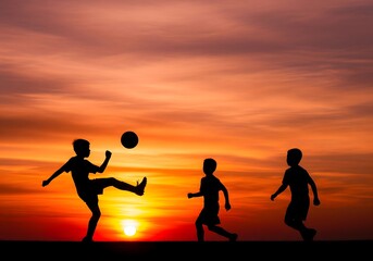 Sunset Soccer Fun Silhouetted Kids Playing