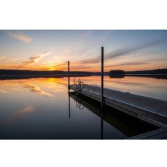 Wooden pier reflecting on calm lake at sunset with orange clouds