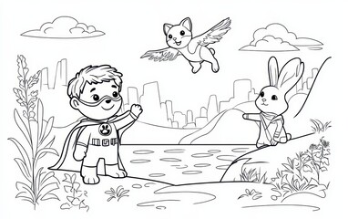 Fototapeta premium Superhero pets coloring book page, featuring a brave dog in a cape, a flying cat with a mask, and a rabbit using super speed, fun and action-packed, 