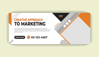 Modern business Facebook timeline cover ad template with customizable photo area, sleek layout, white background and red graphic shapes
